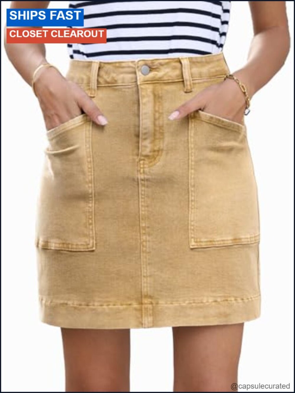 High Waisted Denim Jean Skirt with Pockets Cotton Blend Knee Length